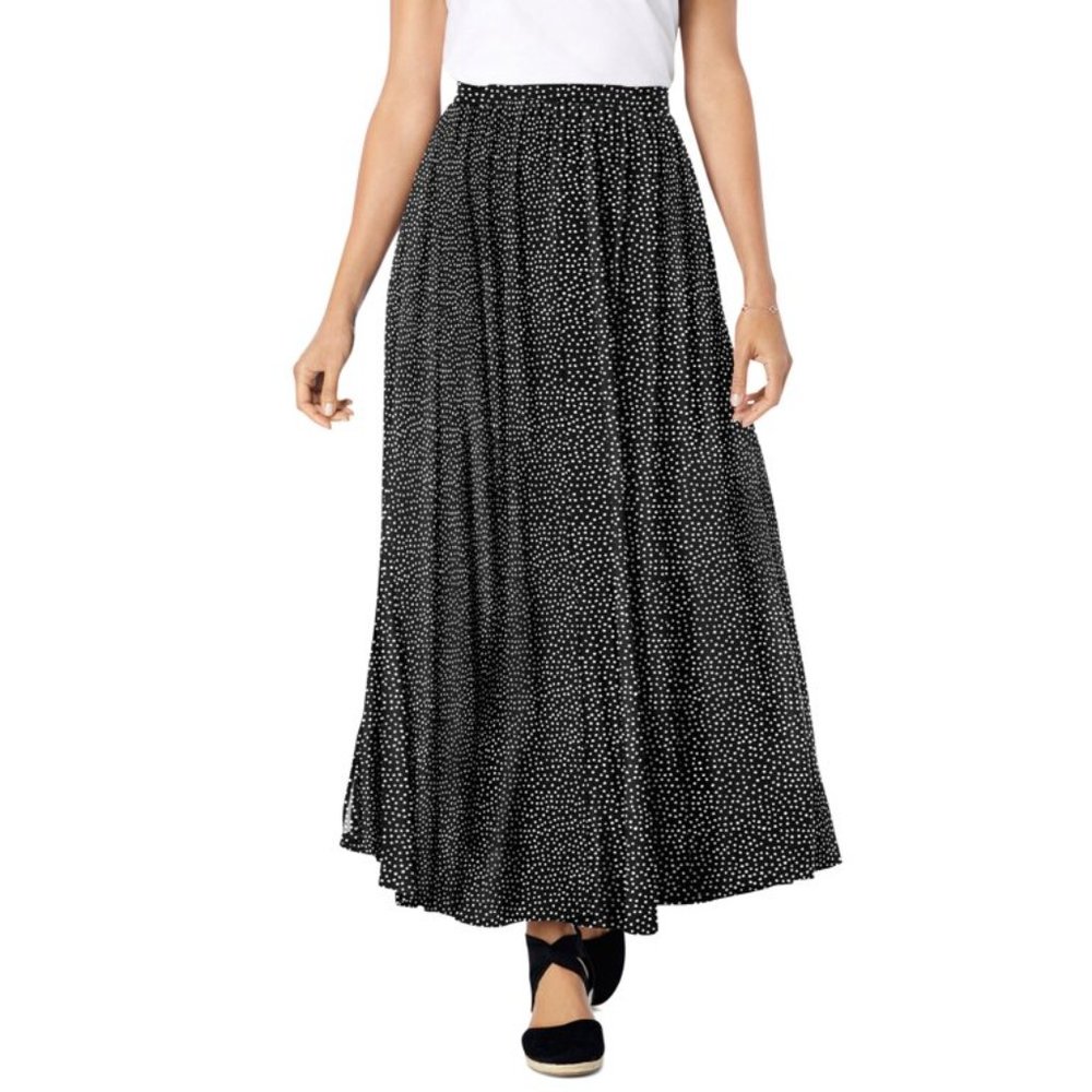 Pull-On Elastic Waist Soft Maxi Skirt Black White Polka Dots with Pockets